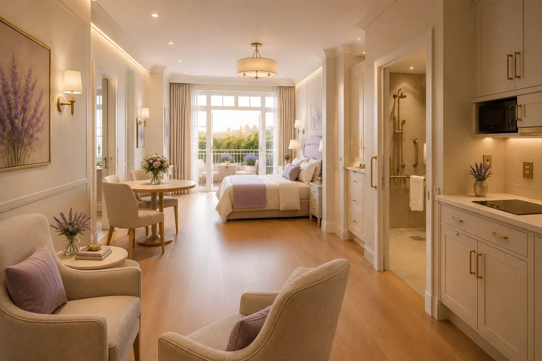 Perspectiva ilustrativa do Apartamento: sala de estar com poltronas, mesa de jantar, copa e dormitório com varanda ao fundo