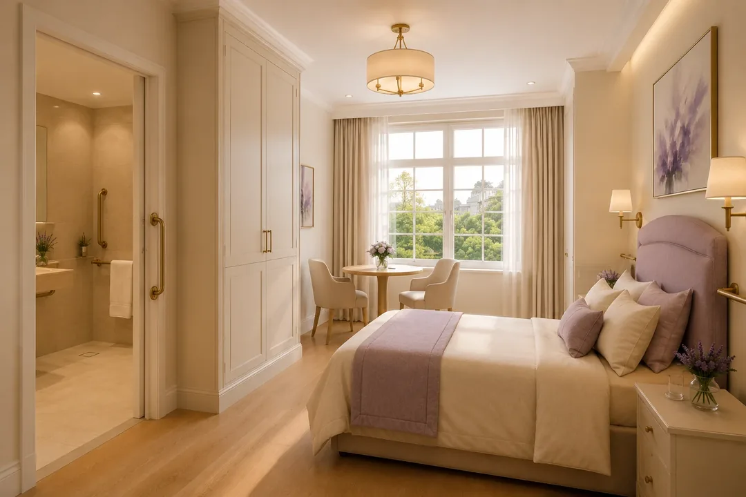 Perspectiva ilustrativa da Suíte: quarto acolhedor em tons claros, com cama de cabeceira estofada, mesa junto à janela e banheiro adaptado