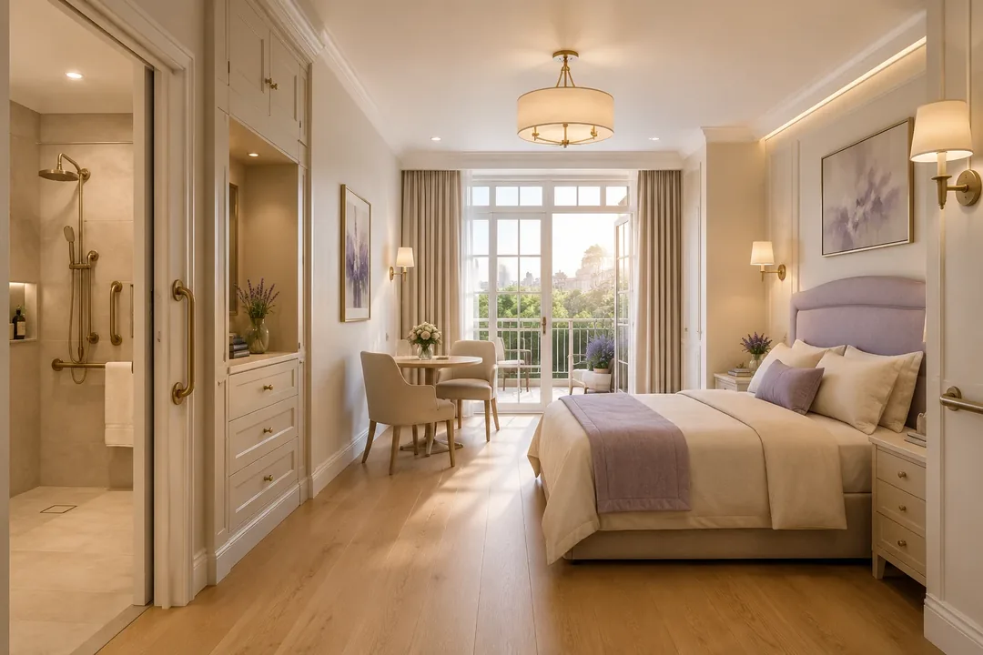 Perspectiva ilustrativa da Suíte Premium: quarto amplo com portas para a varanda, marcenaria planejada e banheiro adaptado com chuveiro acessível